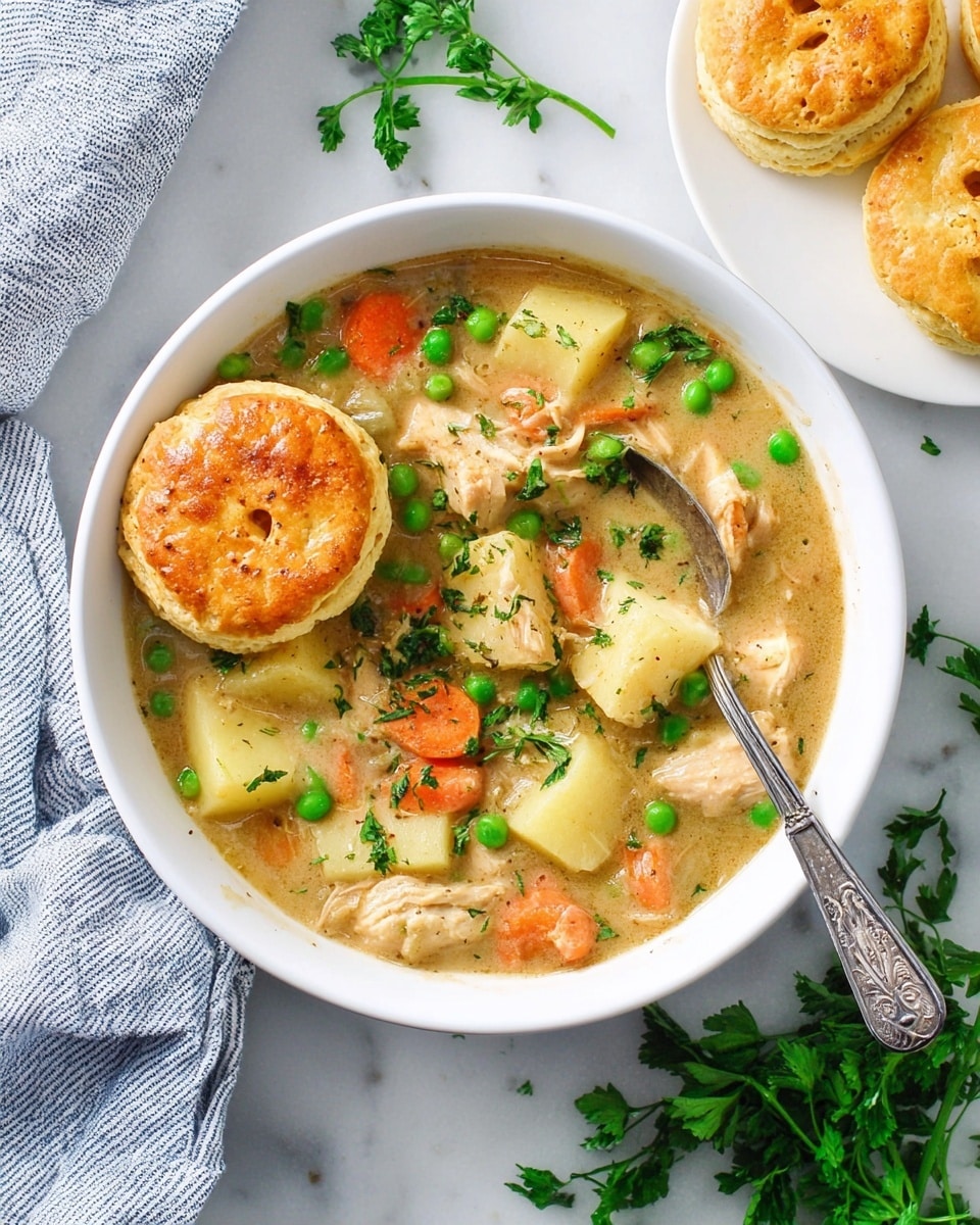 A white bowl filled with thick chicken stew sits on a white marbled surface. The stew has three main layers: chunks of light beige chicken pieces, soft pale yellow potato chunks, and bright orange carrot slices mixed with small, round, vivid green peas scattered throughout a creamy light brown broth. On top of the stew, there is a golden-brown biscuit with flaky texture placed on the left side of the bowl. A silver spoon with an ornate handle rests inside the bowl on the right, partially submerged in the stew. Fresh green parsley leaves are sprinkled on top of the stew, adding a touch of color. Nearby, on the right side of the image, is a white plate holding two more golden-brown biscuits. A green parsley bunch is in the background near the top, and a crumpled blue and white striped cloth lies to the left of the bowl. Photo taken with an iphone --ar 4:5 --v 7