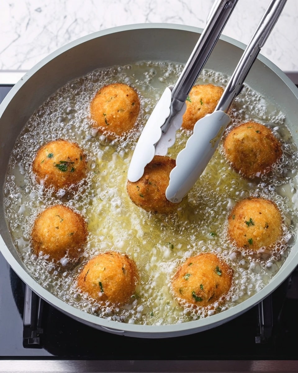 A light gray frying pan filled with hot, bubbling oil frying eight round, golden brown balls that have green herb bits visible on their surface. A pair of silver tongs with white silicone tips is holding one of the balls in the middle of the pan. The pan is placed on a black cooking stove, and the background is a white marbled texture. photo taken with an iphone --ar 4:5 --v 7