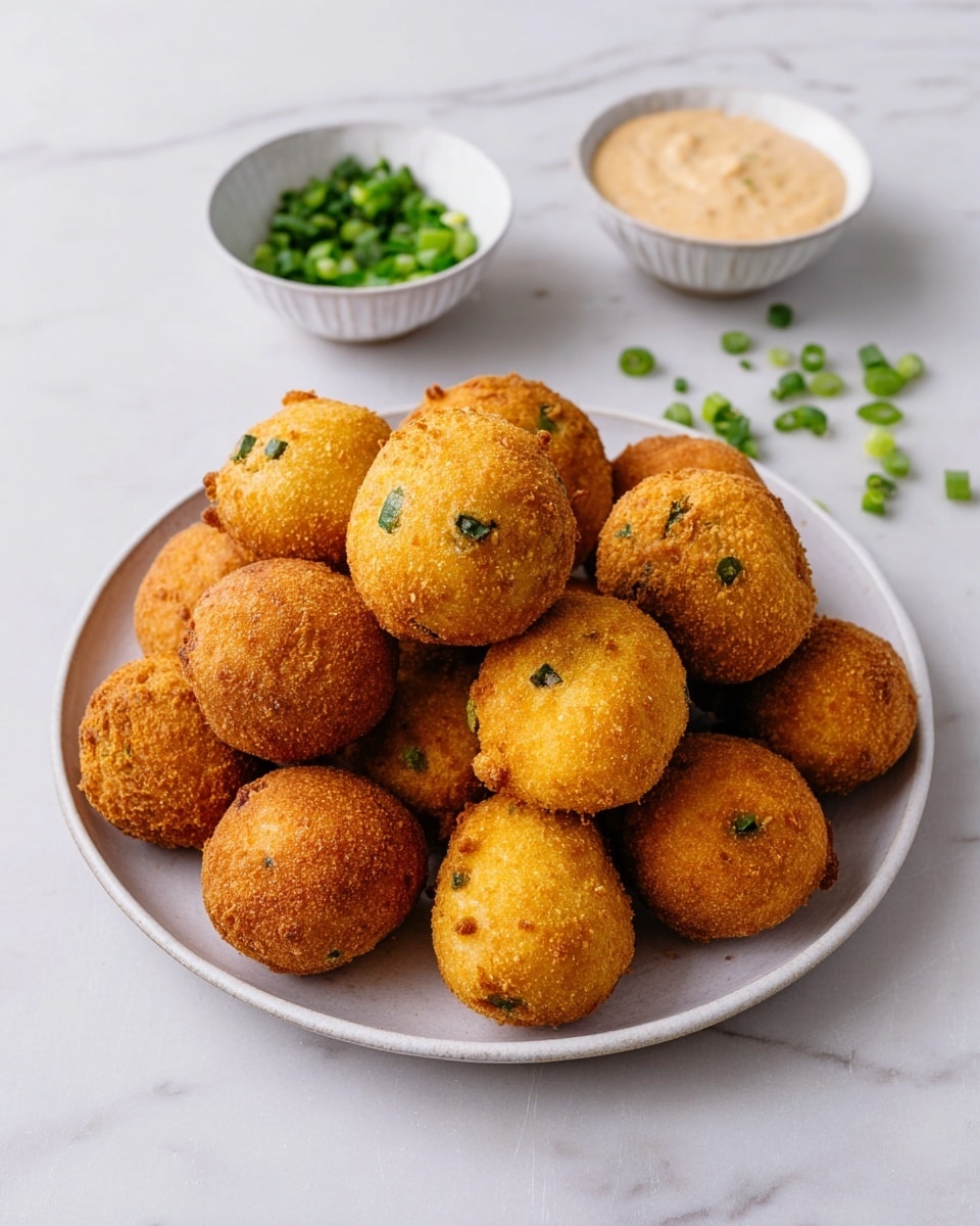 A white plate holds about fifteen golden-brown fried balls with a slightly rough texture and small green bits visible on some of them, stacked unevenly. Behind the plate, two small white bowls sit on a white marbled surface; one bowl contains chopped green onions, and the other has a creamy light tan sauce. A few green onion pieces are scattered loosely on the marbled surface near the bowls, creating a simple, clean food arrangement. Photo taken with an iphone --ar 4:5 --v 7