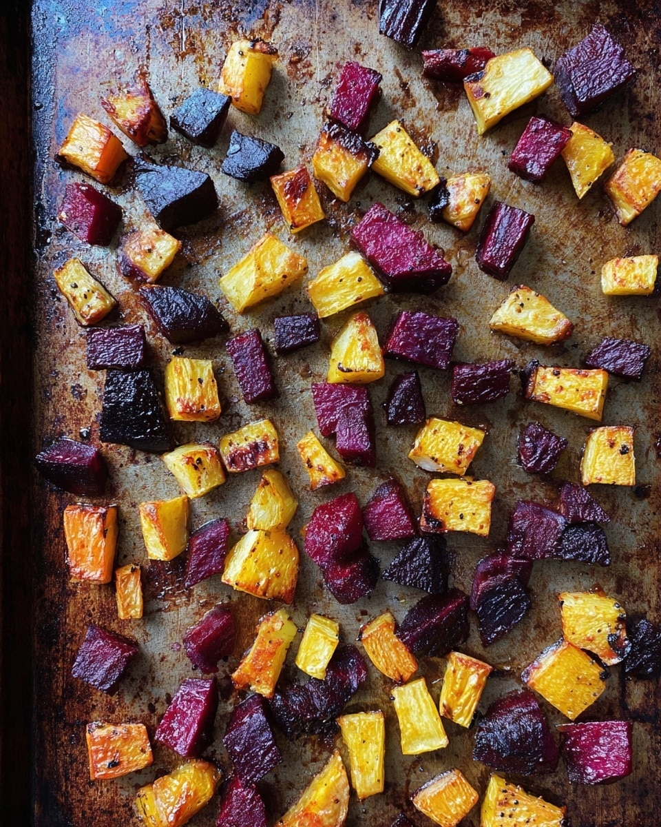 The image shows a single layer of roasted root vegetable cubes spread unevenly on a baking tray. The vegetables are mainly small chunks in two colors: deep purple-red and golden yellow, with some pieces showing browned or slightly charred edges from roasting. The tray background is a worn metal surface with spots of oil and caramelization marks, creating a rustic look. The vegetables appear crispy on the outside with a textured, roasted finish. photo taken with an iphone --ar 4:5 --v 7