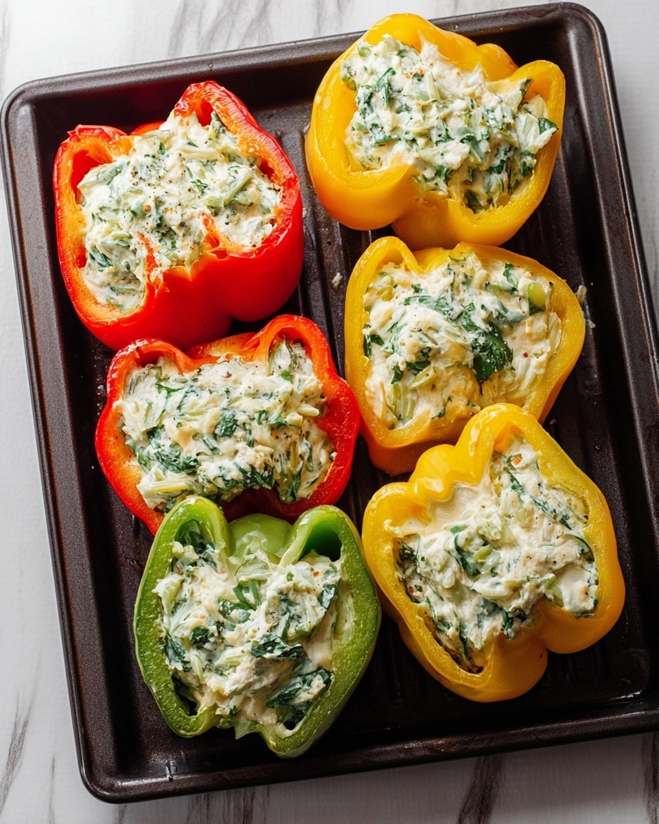 The image shows a dark baking tray with several halved bell peppers filled with a creamy white mixture that has visible green leafy bits. There are three colors of bell peppers: red, yellow, and green, all hollowed and filled to the top with the creamy filling that has a smooth but slightly chunky texture. The tray is placed on a surface with a white marbled texture. The peppers appear fresh and brightly colored, and the filling looks soft and rich. Photo taken with an iphone --ar 4:5 --v 7
