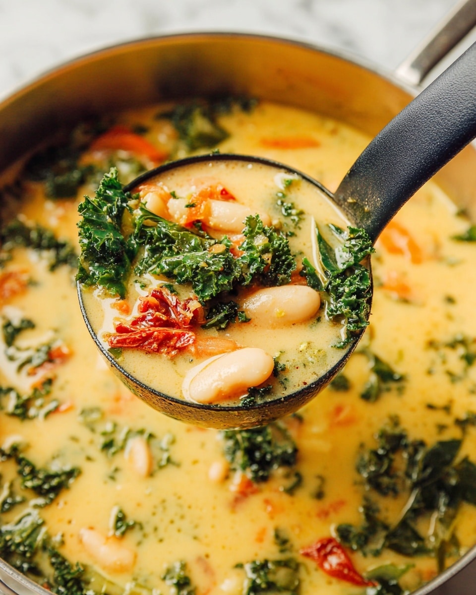 A close-up view of a ladle scooping creamy soup from a pan filled with a rich mix of ingredients. The soup has a smooth light yellow broth that looks thick and warm. Inside, there are bright green kale leaves, white beans, chunks of translucent onions, small pieces of sun-dried red tomatoes, and soft orange carrot slices. The kale adds texture with its leafy veins and curled edges, while the beans and vegetables float gently in the liquid. The background shows the soup’s surface inside the pan, resting on a white marbled surface. The photo taken with an iphone --ar 4:5 --v 7