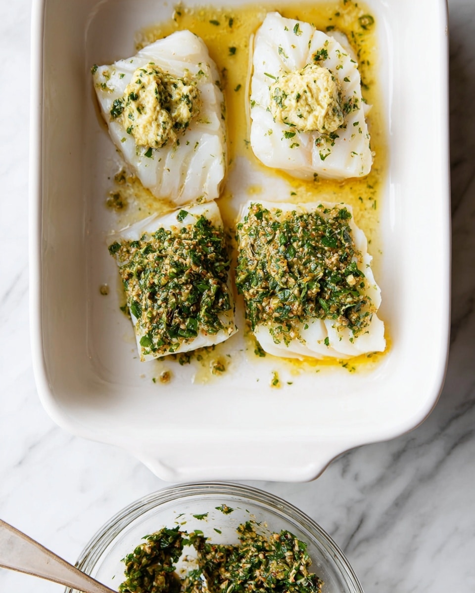A white baking dish holds four pieces of white fish fillets arranged in two rows; three fillets have a small dollop of a creamy yellow-green herb mixture on top, while one fillet is fully covered with the same mixture that looks textured with chopped green herbs. The dish is placed on a white marbled surface, and a clear glass bowl containing more of the herb mixture with a fork rests near the bottom edge of the image. Photo taken with an iphone --ar 4:5 --v 7