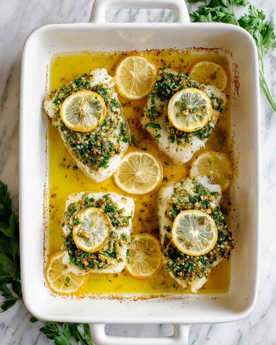 A white baking dish holds four pieces of cooked white fish fillets arranged in a square shape, each fillet topped with chopped green herbs and small bits of garlic, giving a textured green and light yellow layer on the smooth fish. Underneath and around the fillets, thin round lemon slices lay flat, adding bright yellow and pale white circular layers. There is a glossy yellow sauce pooled at the bottom of the dish, with some browned spots around the edges. Each fillet has one lemon slice resting on top, slightly overlapping the herb topping. The dish is placed on a white marbled surface with some green parsley leaves visible on the left corner. photo taken with an iphone --ar 4:5 --v 7