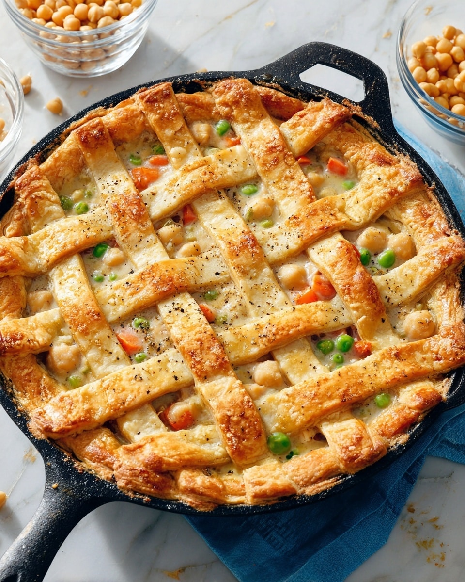 The image shows a golden brown lattice crust pie in a black cast iron pan, with shiny and slightly crispy wide dough strips woven on top, covering a thick, creamy filling with visible green peas, orange carrot pieces, and light beige beans or chickpeas peeking through the gaps. The crust edges are slightly uneven and textured, and the filling appears juicy and smooth under the lattice, with some black pepper sprinkled on top. The pan rests on a white marbled surface, and there are two small clear glass bowls nearby, one filled with chickpeas and the other empty or with a transparent liquid. Photo taken with an iphone --ar 4:5 --v 7