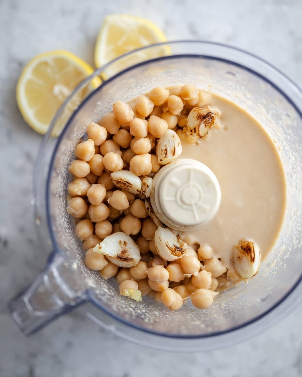 A clear food processor bowl holds three layers of ingredients: on the bottom is a smooth pale beige liquid layer covering about half the bowl, on top and to one side, there is a cluster of light tan chickpeas, and among the chickpeas are several small, roasted off-white garlic cloves with browned edges. The background has a white marbled texture with three squeezed lemon halves, pale yellow with rough inner texture, placed slightly out of focus. photo taken with an iphone --ar 4:5 --v 7