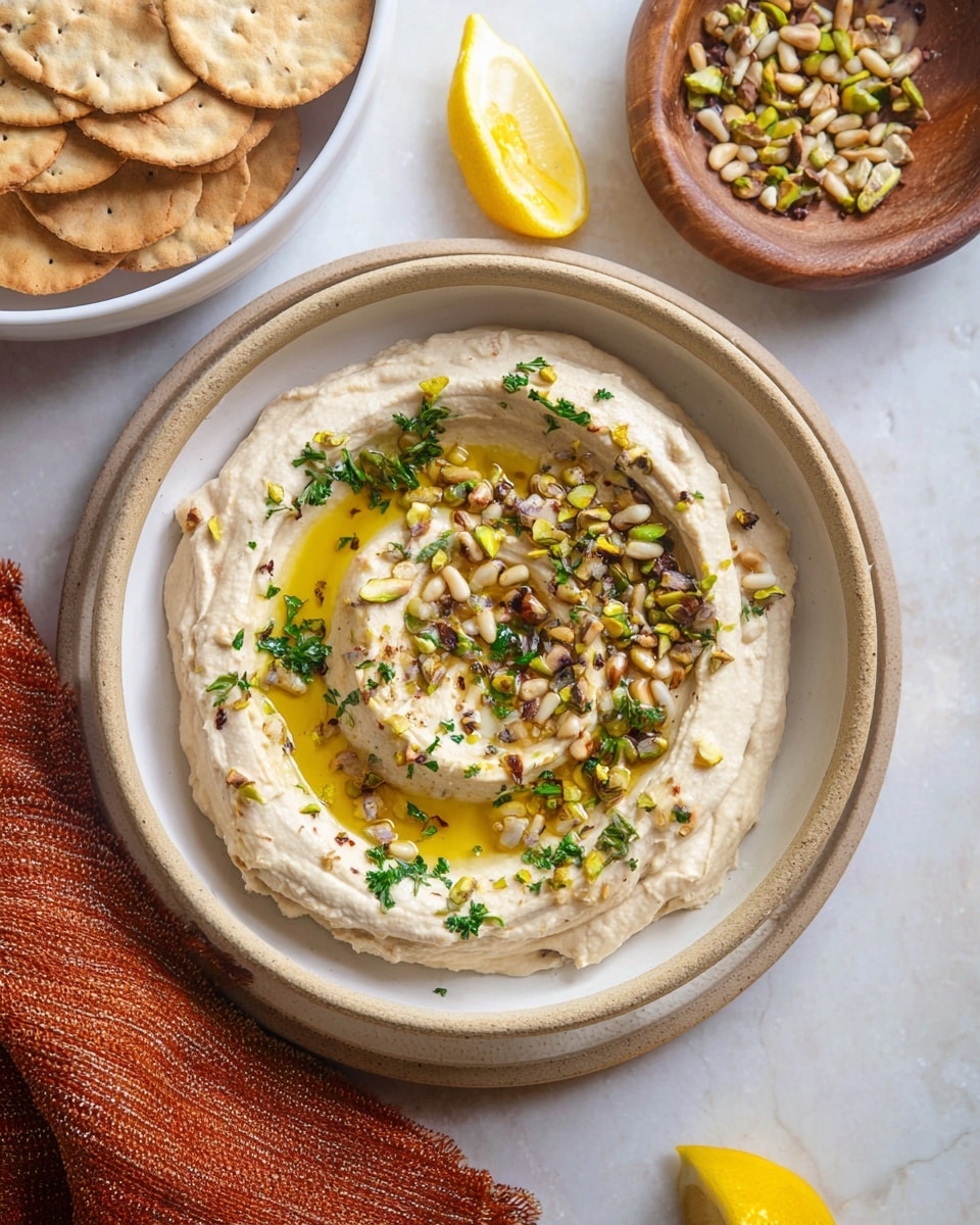 A beige bowl with two layers of creamy hummus, the top layer swirled in a circular shape, sits in the center of a white plate. The hummus is drizzled generously with golden olive oil, sprinkled with bright green chopped parsley, toasted light and dark brown pine nuts, and chopped pistachios. The bowl and plate rest on a white marbled surface with a cut lemon half nearby. In the background, a white bowl filled with round, light brown crackers is visible along with a wooden bowl holding more pine nuts, and an orange-brown woven cloth peeks out from below. Photo taken with an iphone --ar 4:5 --v 7