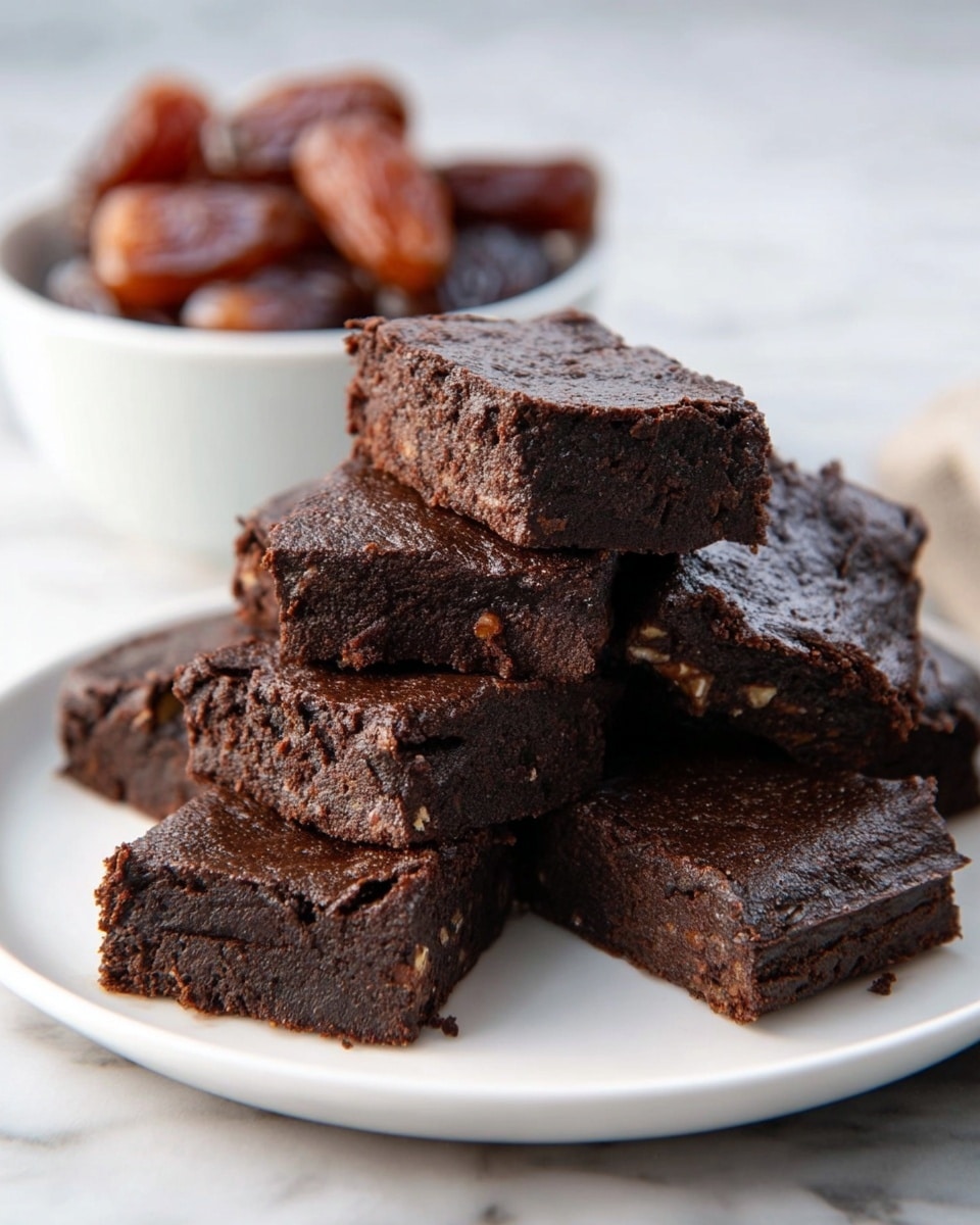 A white plate holds a stack of nine rectangular dark brown brownies layered unevenly, showing a moist and dense texture with a slight shine on top and small nut pieces inside. The brownies appear thick, about one to two inches each. In the background, a white bowl filled with brown dates is slightly out of focus. The whole scene is on a white marbled surface. photo taken with an iphone --ar 4:5 --v 7