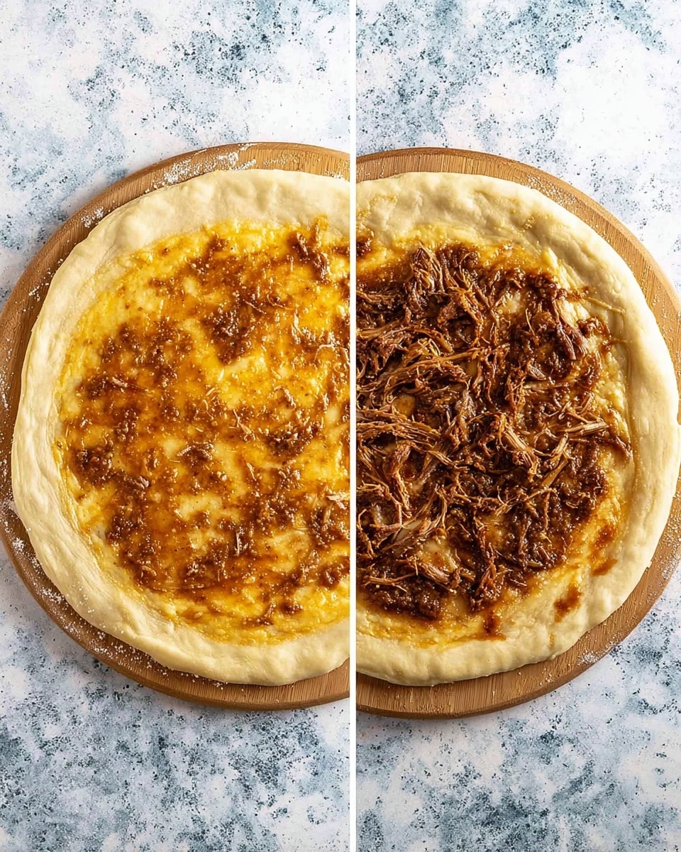 Two images side by side show the steps of making a pizza on a round wooden board placed on a white marbled surface. The left image shows one layer of thick pizza dough with golden sauce spread unevenly over its top, the edges of the dough are puffed and light beige with some browning. The right image shows the same dough and sauce base, now topped with an even layer of shredded brown cooked meat scattered across the center, leaving the edges clear. Photo taken with an iphone --ar 4:5 --v 7