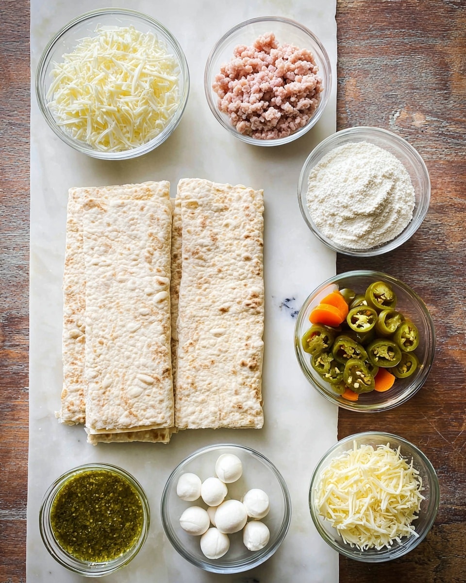 The image shows ingredients arranged neatly on a white marbled surface. In the center, there are two long, rectangular flatbreads stacked one on top of the other with a light beige color and a textured surface. Surrounding the flatbreads are seven small clear glass bowls. Starting from the top left and moving clockwise, the first bowl contains shredded white cheese with a fluffy texture. Next to it is a bowl of light pink ground meat. On the top right, there is a bowl filled with white powdery flour. Below that, a bowl holds sliced green jalapeños mixed with a couple of pieces of orange carrot. Next, there is a bowl with small white round balls, likely small mozzarella cheese. The next bowl contains finely grated pale yellow cheese, and the last bowl on the bottom left is filled with a vibrant green sauce or marinade. photo taken with an iphone --ar 4:5 --v 7