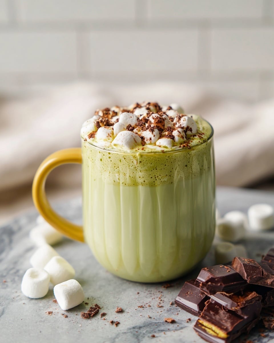 A clear ribbed glass mug with a yellow handle holds a light green creamy drink, topped with a layer of small white marshmallows scattered with brown powder. The mug sits on a light gray stone surface with some marshmallows and pieces of dark chocolate around it on a white marbled texture. The background is softly out of focus with white tiles and a light cloth. Photo taken with an iphone --ar 4:5 --v 7