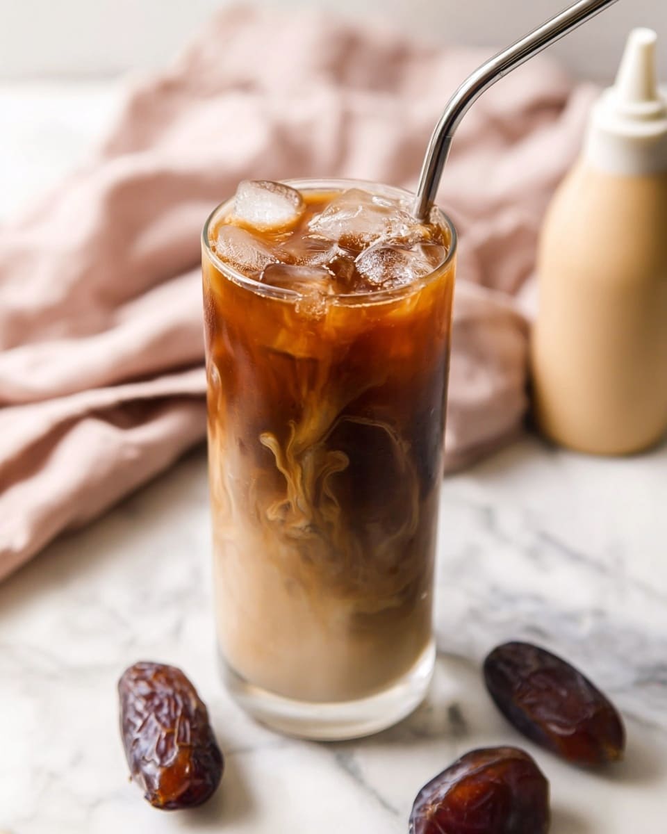 A tall clear glass filled with a layered iced coffee drink sits on a white marbled surface. The bottom layer is a creamy light beige, followed by a middle layer that blends into a darker coffee brown, swirling upwards. The top layer consists of clear ice cubes floating in a light brown coffee liquid. A metal straw is inserted on the right side of the glass. Around the glass, there are two dark brown dates, a beige squeeze bottle with a black tip, and a soft pink cloth draped in the background. Photo taken with an iphone --ar 4:5 --v 7