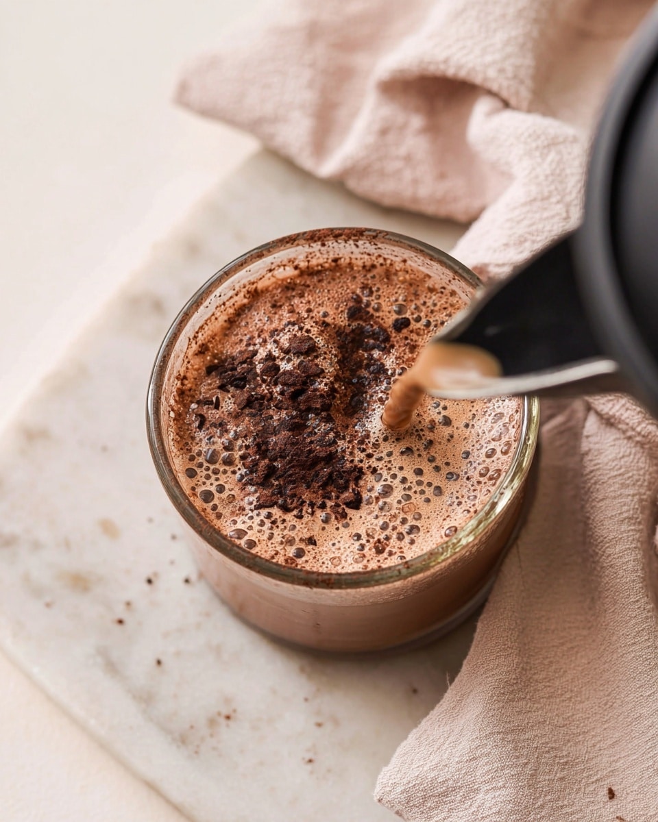 The image shows a clear glass cup filled with light brown frothy cocoa liquid, with dry cocoa powder partially floating on the surface, creating a textured dark brown layer mixed with bubbles. A black spout from a kettle is pouring hot water into the cup, slightly disturbing the cocoa powder. The cup is placed on a white marbled surface, next to a soft, light beige linen cloth. Photo taken with an iphone --ar 4:5 --v 7