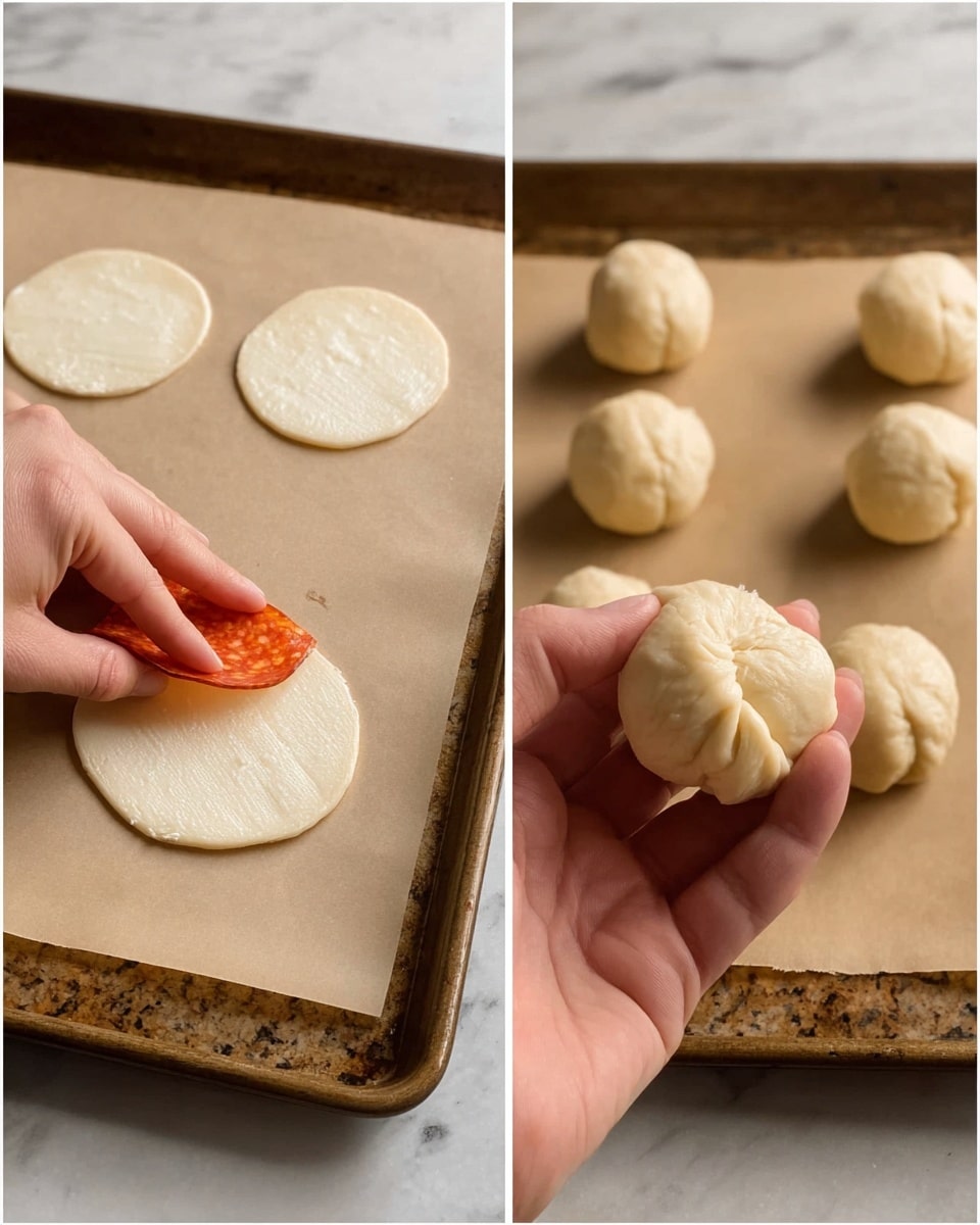 The image shows two side-by-side photos of a baking tray with small dough balls on parchment paper over a brown granite counter. On the left, a woman's hand places a folded piece of red pepperoni on top of two thin off-white cheese slices lying flat on a flattened dough round. The dough round is pale beige, smooth, and circular, about the size of a small cookie. In the right photo, the same woman's hand holds one dough ball that has been pinched and folded tightly, forming a wrinkled, pale beige bundle with creases and folds, showing a closed pocket shape. The tray shelf has five more dough balls resting spaced apart, all pale beige and round, on parchment paper over the white marbled texture. photo taken with an iphone --ar 4:5 --v 7