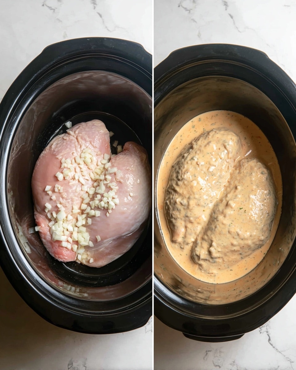 The image shows two side-by-side views inside a black slow cooker placed on a white marbled surface. On the left side, there are two raw chicken pieces lying side by side at the bottom of the cooker, each sprinkled with small white chopped onions scattered over them. On the right side, the same two chicken pieces are mostly covered with a thick creamy sauce that is pale orange with visible small specks, suggesting herbs or spices mixed in. The sauce covers the chicken fully, creating a smooth, textured top layer inside the slow cooker. Photo taken with an iphone --ar 4:5 --v 7