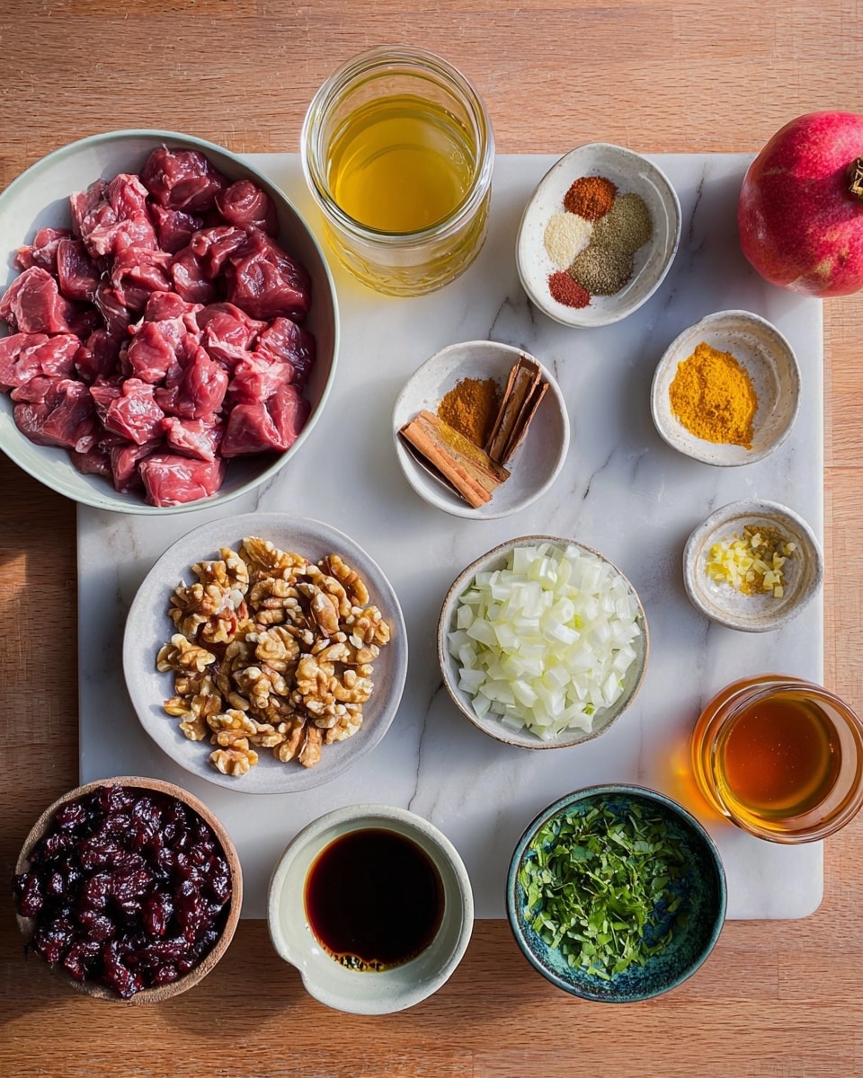 The image shows an arrangement of raw cooking ingredients on a white marbled surface. On the left, there is a white bowl filled with red raw meat chunks. Above it, there is a clear glass jar holding a golden yellow liquid, likely broth. To the right are small white bowls each containing different spices: one with mixed ground spices in colors of orange, brown, and white; another with a cinnamon stick and yellow zest; a small bowl with minced garlic; and another with dark brown soy or similar sauce. There are also bowls holding diced white onions, a large round white dish of walnut halves, a small green bowl of dark red dried berries, a small glass jar with chopped green herbs, and one white bowl with a dark amber liquid likely honey or syrup. A pomegranate is placed on the far right side of the setup. The lighting is bright and even, highlighting the textures and colors of each ingredient. Photo taken with an iphone --ar 4:5 --v 7