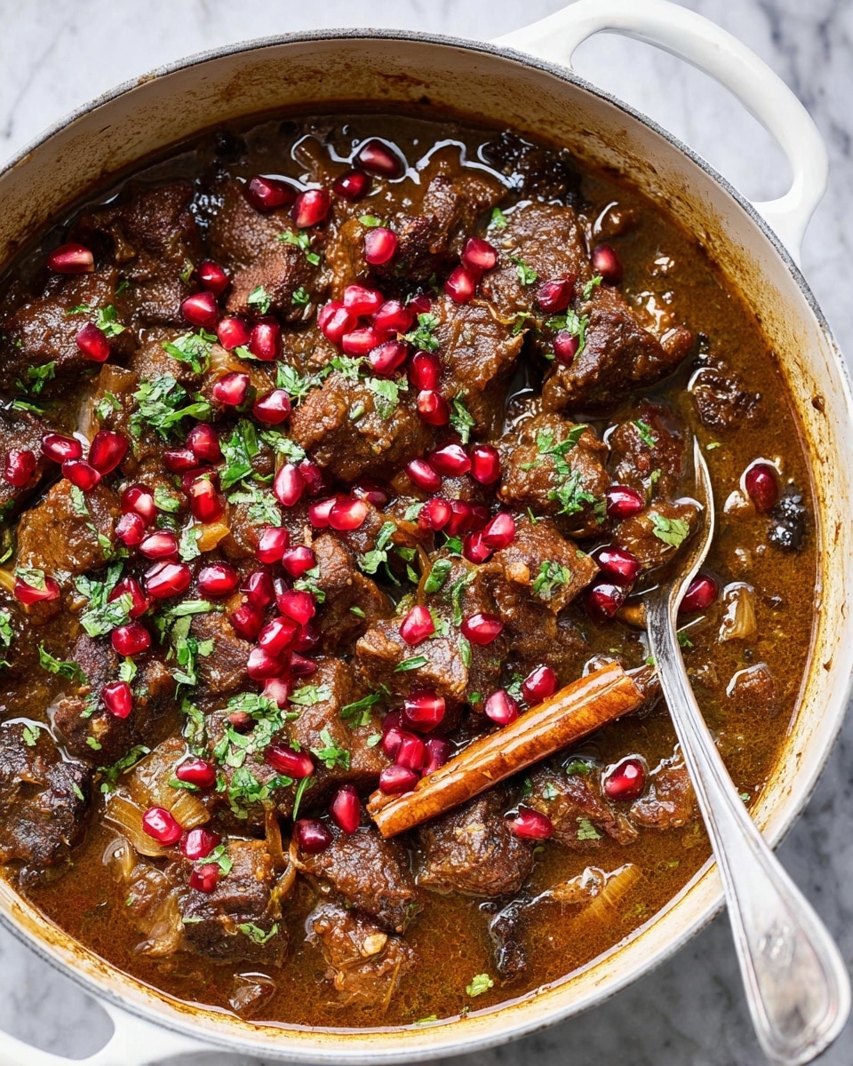 A white cooking pot filled with a rich, brown stew made of chunky meat pieces and soft cooked onions, with visible blades of chopped green herbs sprinkled on top. Bright red pomegranate seeds are scattered evenly across the stew, adding a fresh pop of color. Two cinnamon sticks lie on the surface near the center. A silver spoon, partially submerged in the stew, rests on the right side of the pot. The pot is on a white marbled surface. Photo taken with an iphone --ar 4:5 --v 7