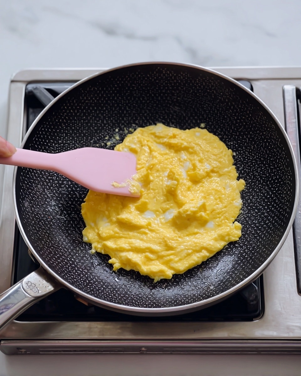 In the image, there is a black frying pan with a honeycomb pattern on a silver stove top. Inside the pan, there is a single layer of soft scrambled eggs with a bright yellow color and some white parts visible, showing a smooth, slightly wet texture. A woman's hand is holding a light pink spatula on the left side, gently lifting or stirring the eggs. The background surface is a white marbled texture. photo taken with an iphone --ar 4:5 --v 7