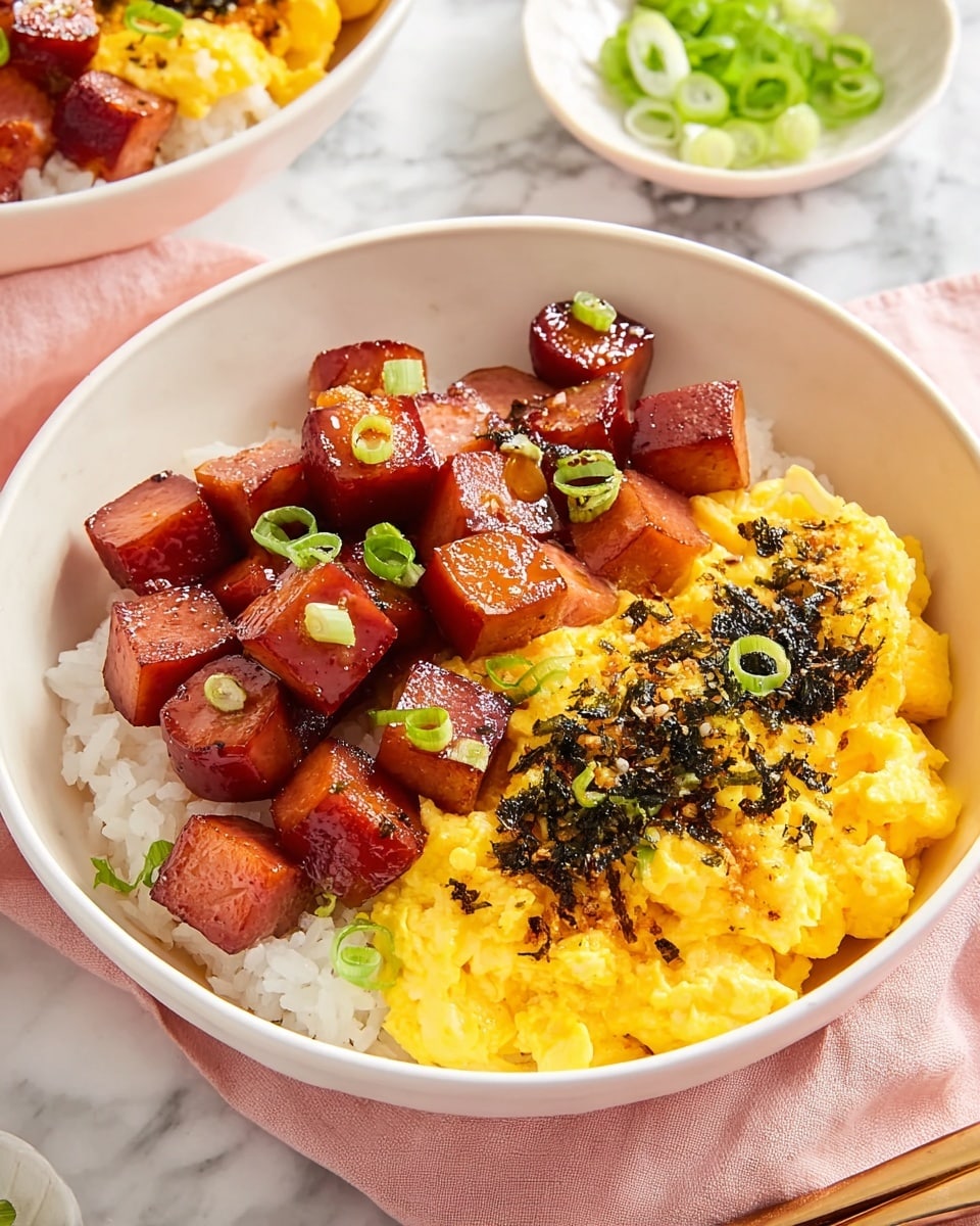 A white bowl filled with three main layers, starting with a base of white steamed rice that fills the bowl. On one side, there are shiny, caramel-colored cubes of cooked ham, each topped with small, fresh green onion rings. On the other side, fluffy yellow scrambled eggs are placed, sprinkled with a mixture of small crispy dark bits and seaweed flakes. The bowl sits on a soft pink cloth on a white marbled surface. A partial view of another white bowl with similar contents and a small white dish of sliced green onions are visible in the background. Photo taken with an iphone --ar 4:5 --v 7