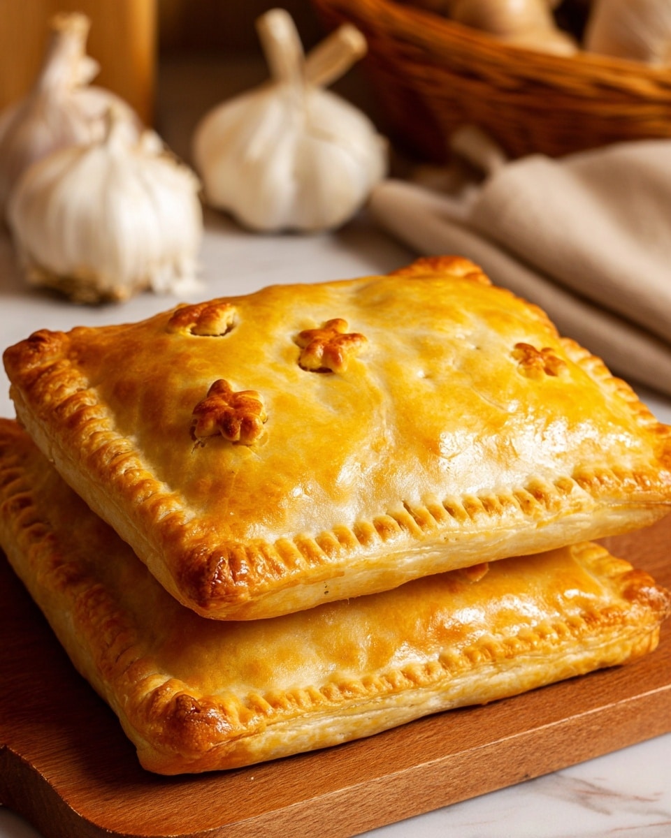Two baked rectangular pastries are stacked on a wooden board, with the top pastry showing small flower-shaped vent holes that are golden brown and slightly crisp. The pastries have a shiny, golden-yellow crust with a smooth texture and crimped edges all around. The background includes whole garlic bulbs resting on a white marbled surface, with a woven basket and some kitchen utensils softly blurred in the distance. The light is warm and natural, enhancing the golden tones of the pastries. Photo taken with an iphone --ar 4:5 --v 7