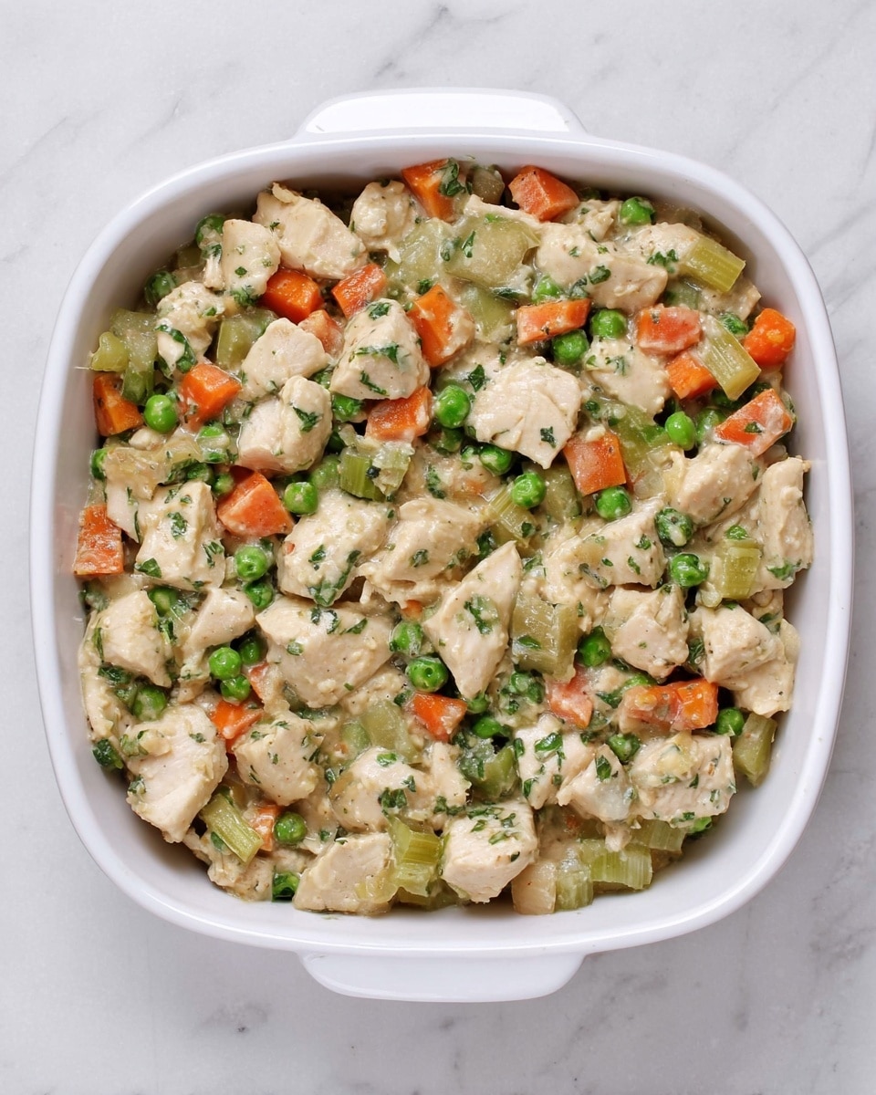 A white square dish filled with chopped tender pieces of light beige chicken mixed with small bright green peas, diced orange carrots, and pale green celery chunks. The ingredients are coated in a light creamy sauce with visible green herbs scattered throughout, giving a fresh and hearty look. The dish is placed on a white marbled surface, showing a top-down view of the colorful and textured mixture. photo taken with an iphone --ar 4:5 --v 7