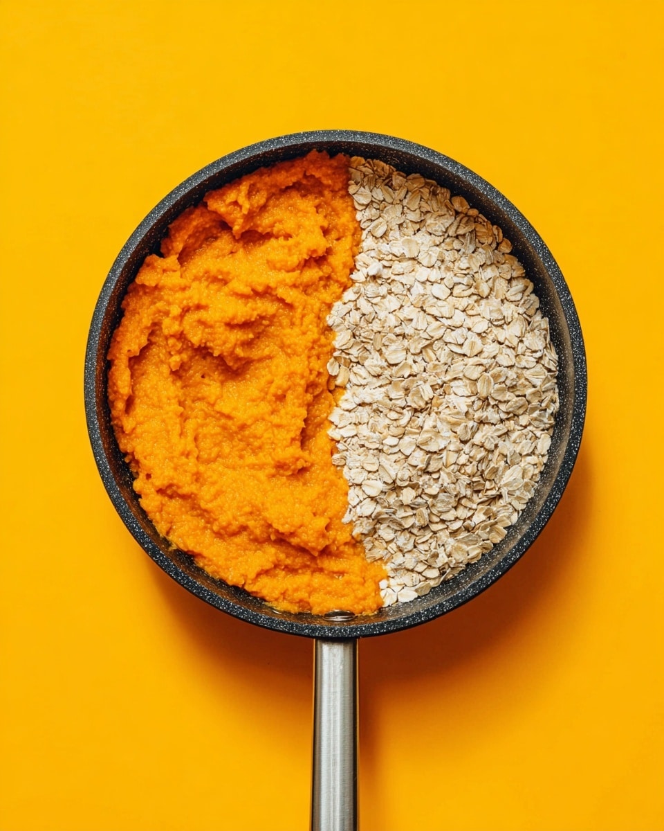 A black small pan sits on a bright yellow surface, filled with two layers side by side: one side has a thick bright orange puree with a smooth texture and some small lumps, while the other side is filled with dry light beige rolled oats with a rough, flaky texture. The pan handle is metal and shines softly, positioned toward the bottom left of the image. The contrast between the orange puree and beige oats is clear, with no mixing between them. photo taken with an iphone --ar 4:5 --v 7