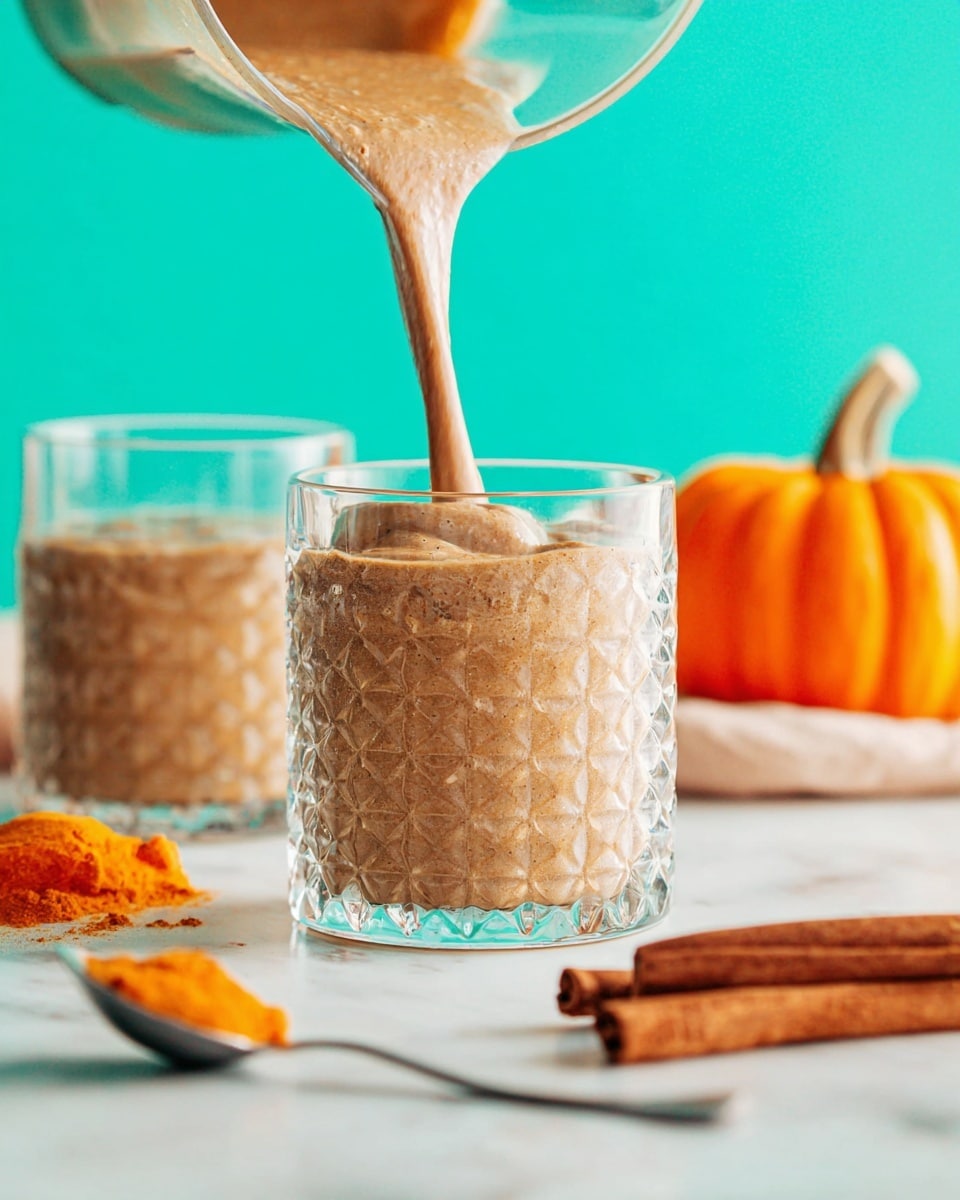 A textured clear glass filled with a thick light brown drink is shown as the same drink pours into it from a blender jar above, creating a small swirl on the top layer. In the foreground, two cinnamon sticks lie on a white marbled surface. To the left, a silver spoon with a bright orange scoop of pumpkin sits near a small orange pumpkin. Another textured clear glass with the same drink is blurred in the background. The backdrop is a bright teal color, and the overall scene has a fresh and cozy feel. Photo taken with an iphone --ar 4:5 --v 7
