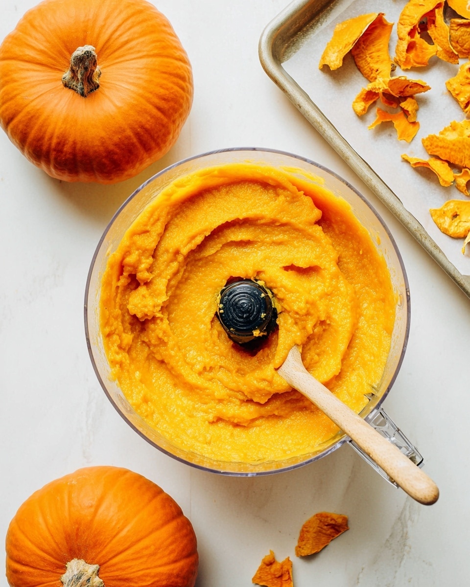This image shows a clear glass jar filled to the top with thick, bright orange pumpkin puree. The puree has a smooth but slightly chunky texture and is heaped above the rim of the jar. Two pumpkins are partially visible, one close to the left side and one blurred in the front right foreground. The jar and pumpkins are placed on a white marbled surface, and the background is softly lit with the same white marble texture. The overall look is warm and fresh. Photo taken with an iphone --ar 4:5 --v 7