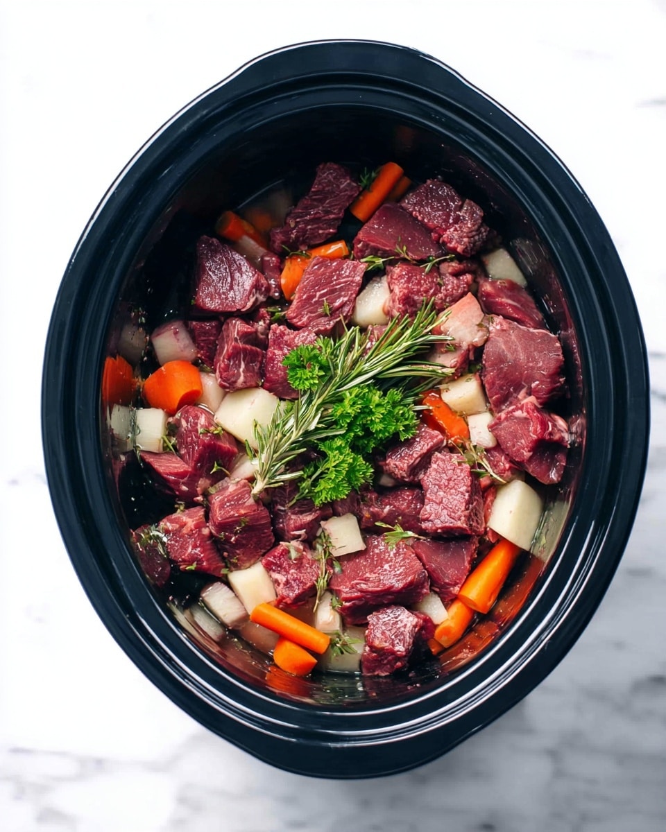 A black slow cooker filled with several layers of raw beef chunks in dark red color scattered across the surface. Mixed with the beef are small pieces of light beige parsnip, bright orange carrot slices, and pale onion pieces creating a colorful mix. On top, fresh green herbs like parsley and rosemary sit in the center, adding a fresh contrast. The slow cooker is on a white marbled surface, showing the ingredients clearly inside. photo taken with an iphone --ar 4:5 --v 7
