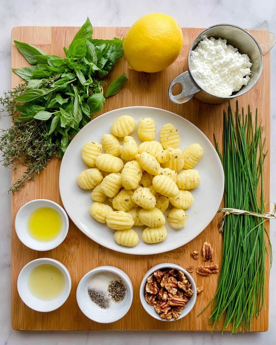 On a wooden board, a large round white plate holds a single layer of plump, yellow gnocchi with soft ridges. To the left of the plate, there is a pile of fresh green herbs including basil, thyme, and oregano. Above the herbs, a whole bright yellow lemon sits next to a metal measuring cup filled with white ricotta cheese. In the bottom row, from left to right, there is a small white bowl of clear yellow oil, a small white bowl with a mix of coarse salt and black pepper, a small white bowl filled with chopped pecans, and another small white bowl containing a pale liquid. On the right side of the board, a neat bundle of long thin green chives is tied together with a rubber band. The whole scene is set on a white marbled surface, photo taken with an iphone --ar 4:5 --v 7