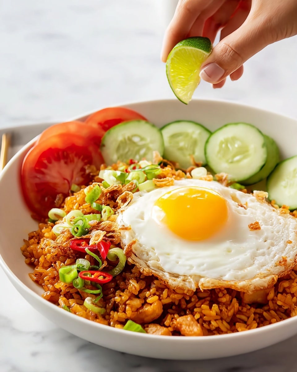 A white bowl filled with three main layers: the bottom layer is orange-brown fried rice mixed with small pieces of chicken and red chili, the middle layer shows scattered green onion slices and crispy fried shallots, and the top layer features a sunny-side-up egg with a bright yellow yolk and white edges placed slightly off-center. On the side of the bowl, there are fresh slices of green cucumber and red tomato wedges arranged neatly. A woman's hand is squeezing a green lime wedge over the egg, with a white marbled surface in the background. Photo taken with an iphone --ar 4:5 --v 7