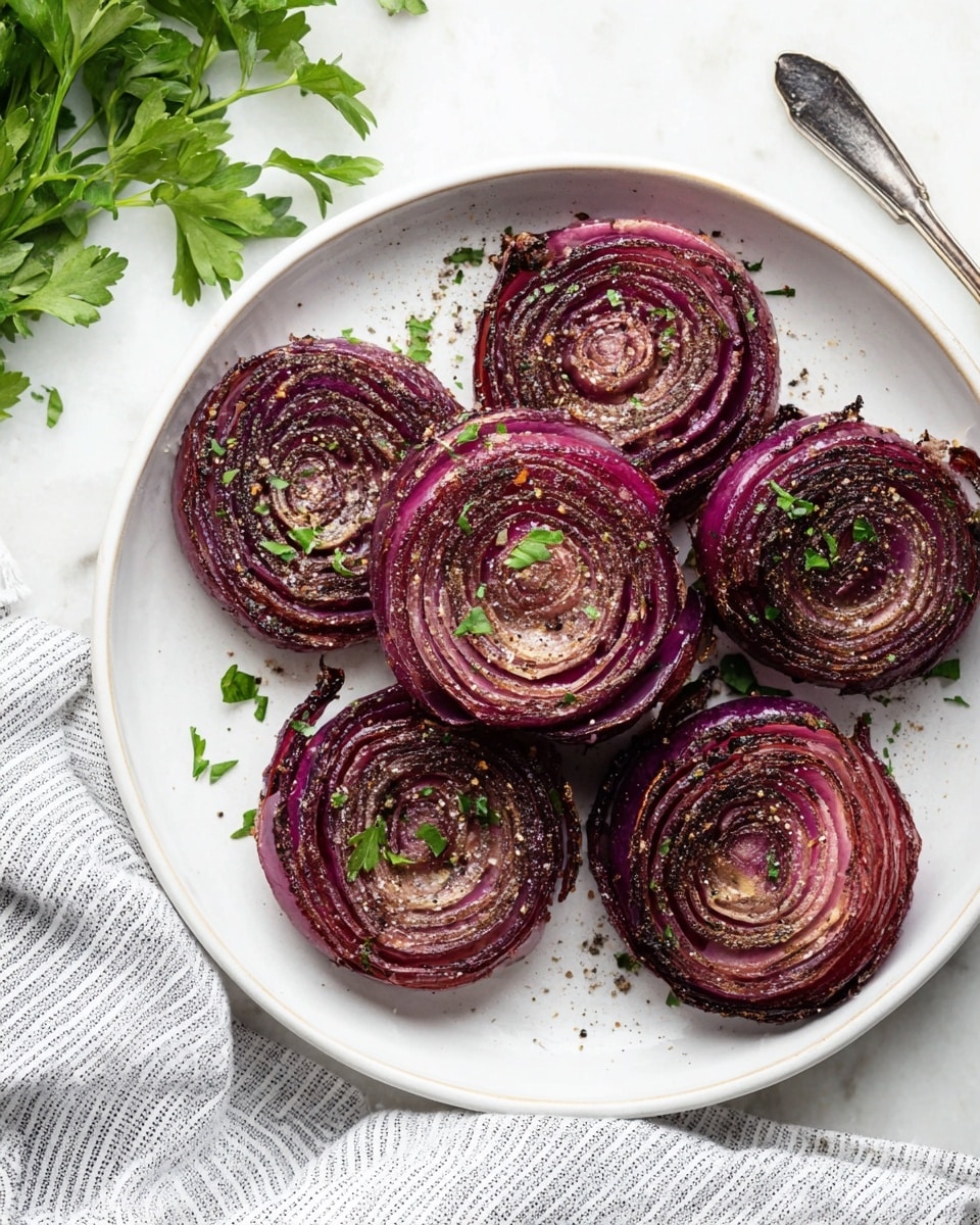 The image shows six roasted red onion slices placed on a round white plate. Each onion slice has multiple layers, with a deep reddish-purple color on the inside and darker, slightly crispy edges. The onions are sprinkled with black pepper, salt, and small bits of chopped fresh green herbs. The plate rests on a white marbled surface with some fresh green herbs and a silver serving utensil nearby. A light gray and white striped cloth is partly visible at the bottom of the frame. photo taken with an iphone --ar 4:5 --v 7