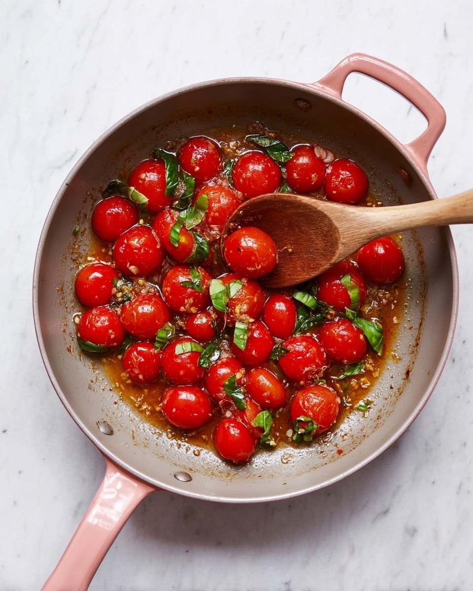 A gray pan with pink handles contains bright red whole cherry tomatoes cooked in a brown sauce with visible bits of garlic and small pieces of fresh green basil leaves scattered throughout. A wooden spoon with a light wood color rests inside the pan, partially submerged in the sauce and tomatoes. The whole scene is set on a white marbled surface. Photo taken with an iphone --ar 4:5 --v 7