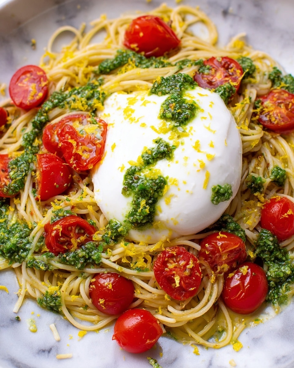 The image shows a dish with one large, smooth, white mozzarella ball placed in the center on a bed of thin spaghetti noodles. The spaghetti is light yellow and mixed with small, round bright red cherry tomatoes. On top of the mozzarella and scattered around the spaghetti are dollops of green pesto sauce. There are also small bits of yellow lemon zest sprinkled over the noodles and tomatoes, adding a fresh touch. The dish is set on a white marbled surface. photo taken with an iphone --ar 4:5 --v 7