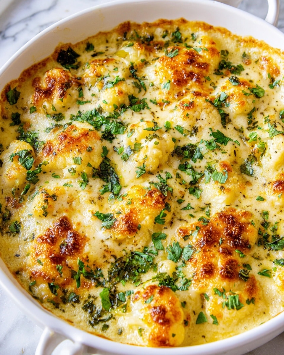 A white round dish filled with a creamy cheesy baked cauliflower casserole, showing about two layers of cauliflower pieces coated in a thick, light yellow cheese sauce bubbling up with browned and golden spots on top. Bright green chopped parsley is scattered evenly across the surface, adding fresh color contrast. The dish sits on a white marbled background, making the warm tones of the casserole stand out. photo taken with an iphone --ar 4:5 --v 7