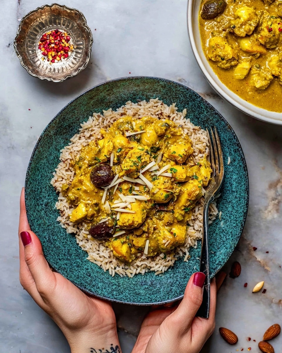 A blue-green textured bowl on a white marbled surface holds a layered dish with a base of light brown rice, topped with chunky pieces of golden yellow curry with visible herbs and dark grapes, sprinkled with thin white almond slices. A silver fork with a black handle rests inside the bowl. Two woman's hands with dark red nail polish and a small tattoo on the left wrist hold the bowl. To the top right, a white bowl filled with the same golden yellow curry with grapes is partially visible. To the top left, there is a small decorative silver cup with red chili flakes and scattered almond slices around it. Photo taken with an iphone --ar 4:5 --v 7