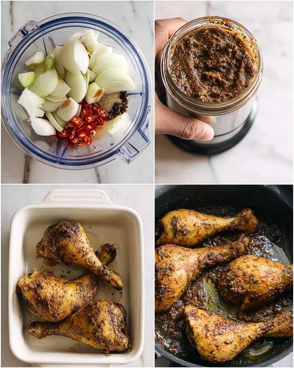 The image shows four smaller photos in a grid, each depicting steps of cooking chicken legs with spices. The top left photo shows a clear blender bowl filled with thick sliced white onion, bright red chili pieces, and some whole spices layered on the bottom, set on a white marbled surface. The top right photo shows a woman's hand holding a blender jar filled with a thick, coarse, dark brown sauce with spices, against a white marbled background. The bottom left photo shows three raw chicken legs coated with the dark spice sauce, laid inside a white baking dish on the white marbled surface. The bottom right photo shows two cooked chicken legs frying in hot oil inside a pan, with golden-brown skin and dark spice bits in the oil, surrounded by the white marbled surface visible nearby. Photo taken with an iphone --ar 4:5 --v 7