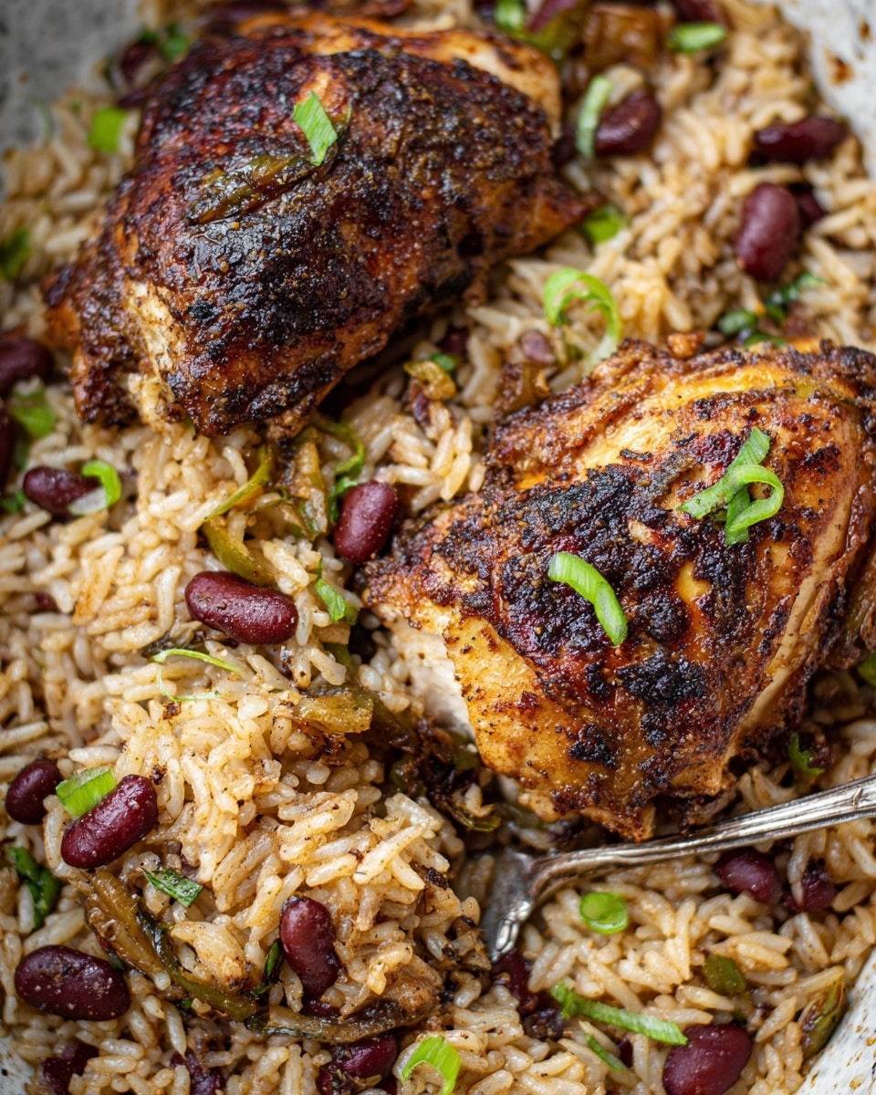 The image shows a close-up of two grilled chicken pieces with a dark brown, slightly charred skin on top of a bed of cooked rice mixed with red kidney beans and chopped green onions. The rice is light brown, glossy, and well-spread under and around the chicken, with some visible bits of sautéed onions and green herbs. The chicken pieces have a textured surface showing seasoning and a few green herb sprigs scattered on top. A silver spoon scoops up some rice and beans from the right side of the image. The background is a white marbled texture. Photo taken with an iphone --ar 4:5 --v 7