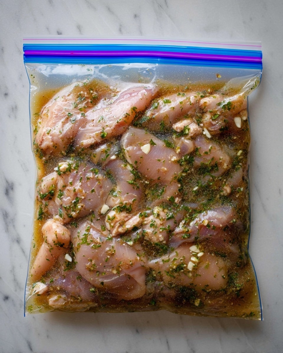 A clear plastic zip-lock bag filled with several raw, pale pink chicken pieces layered inside, mixed with green chopped herbs spread evenly throughout. The chicken is soaked in a brownish marinade with visible small white pieces of garlic. The bag lies flat on a white marbled surface, showing the texture of the chicken and the marinade through the plastic, with the blue and purple zip-lock seal at the top. Photo taken with an iphone --ar 4:5 --v 7