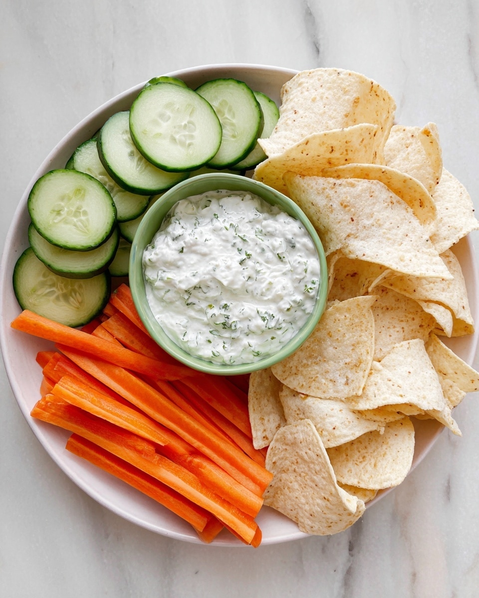 A white plate with three groups of food arranged around a small green bowl of white creamy dip with small green herb bits. On the left side there are thick cucumber slices showing the bright green skin and pale green inside. Below the cucumbers are several long carrot sticks with a smooth bright orange texture. On the upper right side are many pale beige, crispy tortilla chips stacked lightly on each other. The whole plate sits on a white marbled surface. photo taken with an iphone --ar 4:5 --v 7