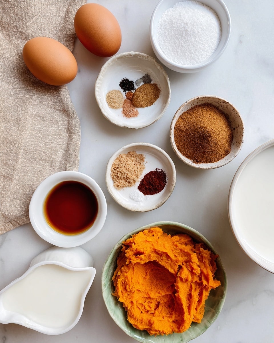 This image shows various baking ingredients arranged on a white marbled surface. There are two brown eggs resting on a beige cloth on the left side. Next to them, a small white bowl holds a white powder, likely baking soda or baking powder. Above it, a small white bowl with a light brown mix of various spices, separated in small groups of different colors including dark brown, beige, and black specks. Above that, a bowl of light brown sugar has a crumbly texture. To the right, a white bowl holds bright orange mashed sweet potato with a smooth, slightly chunky texture. At the top left, a small white jug filled with milk has a smooth creamy surface. In the bottom center, a small white bowl contains a thick amber syrup. On the right edge, a white mixing bowl is partially visible. The colors of the ingredients contrast softly with the light background. Photo taken with an iphone --ar 4:5 --v 7