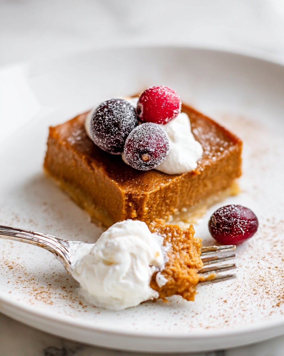 The image shows a square slice of brown pumpkin pie with a smooth texture and slightly shiny top, sitting on a white plate with a few light brown spice sprinkles around it. On top of the pie slice, there are three sugared cranberries, two darker purple and one bright red, covered with a sparkling sugar coating. In the foreground, a silver fork holds a bite of the pumpkin pie topped with a dollop of white whipped cream, with the pie and cream contrasting against the clean white plate and soft white marbled surface background. Photo taken with an iphone --ar 4:5 --v 7