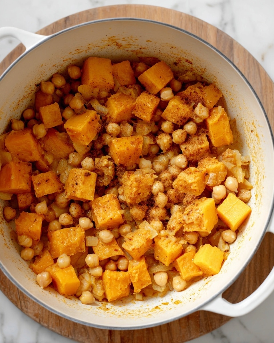 Inside a white cooking pot, there are two main layers of ingredients mixed together: cubed orange-yellow pieces of cooked squash or sweet potato, and light beige chickpeas. The pieces are coated with a light brown spice mix that adds texture and small dark specks all over. The pot shows some bits of softened onion and seasoning stuck on its sides. The pot handle is visible on the right side, placed on a round wooden board on top of a white marbled surface. Photo taken with an iphone --ar 4:5 --v 7