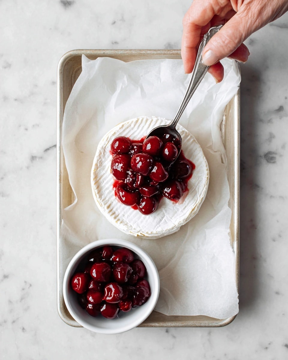 A round wheel of creamy white cheese with faint ridges on its surface sits in the center of a white rectangular baking tray lined with white parchment paper. On top of the cheese, a woman's hand is holding a silver spoon full of glossy, dark red cooked cherries, placing them carefully in the middle of the cheese. Below the tray, there is a small white bowl filled with the same dark red cherries. The tray is placed on a surface with a white marbled texture. photo taken with an iphone --ar 4:5 --v 7