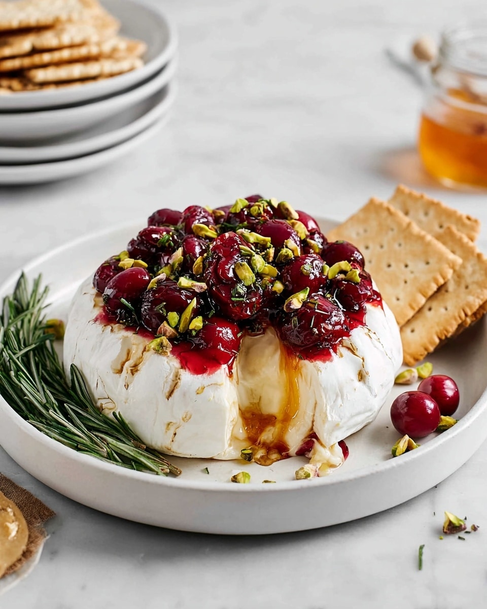 A round white cheese wheel with a soft, creamy interior oozing out from a small cut is placed in the center of a shallow white bowl. The cheese is topped with a thick layer of dark red cooked cherries, which are glossy and juicy, with some orange zest strips and chopped pistachios sprinkled on top. Bright green sprigs of rosemary and a few whole red cranberries sit beside the cheese, adding contrast. On the side of the cheese, two light brown crackers lean against it. The scene is set on a white marbled surface with a small glass jar of honey and stacked white plates in the blurred background, all giving a fresh and inviting feel. Photo taken with an iphone --ar 4:5 --v 7