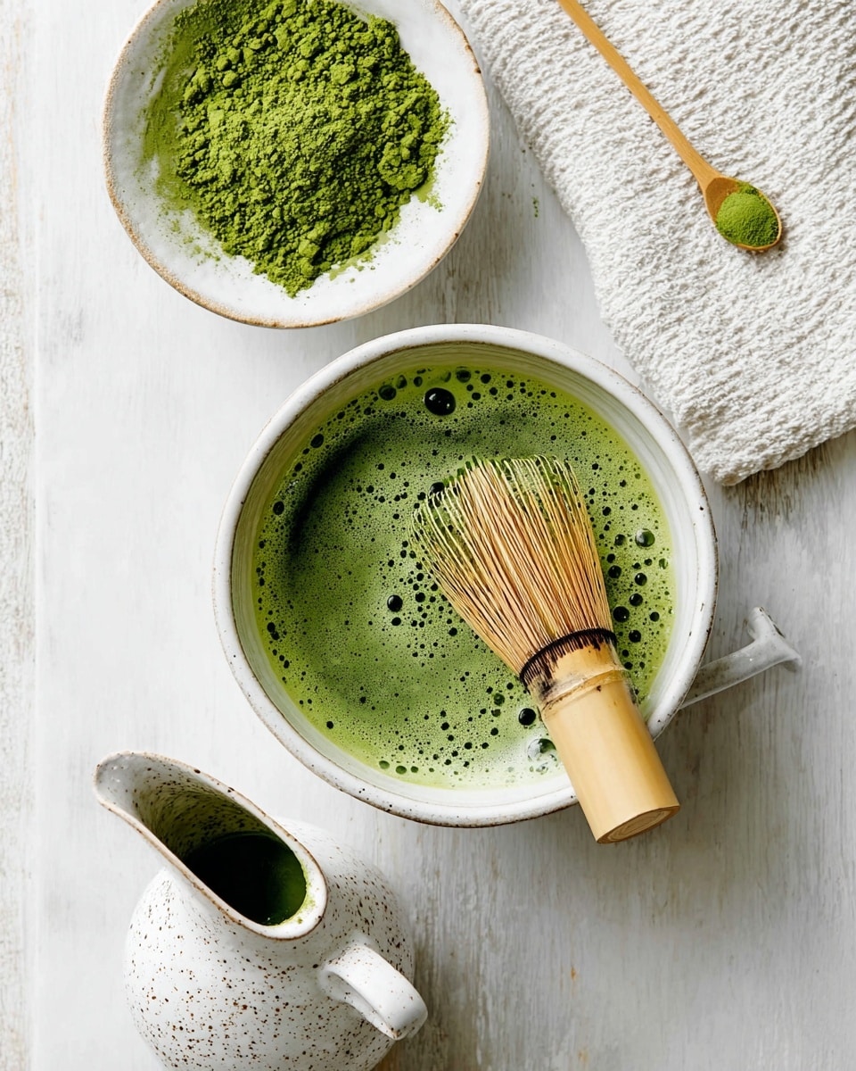 A white bowl holds bright green matcha tea with a layer of frothy bubbles on top, and a light brown bamboo whisk resting inside the bowl on the right side. Above the bowl is a smaller white bowl filled with finely ground green matcha powder, with a small bamboo spoon resting on it. Below the bowl is a white ceramic pitcher with a speckled pattern. The setup is on a white marbled surface with a piece of white textured cloth on the upper right side. photo taken with an iphone --ar 4:5 --v 7
