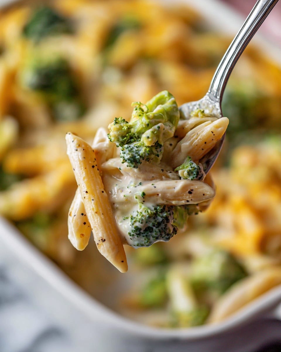 A close-up shows a metal fork holding a scoop of creamy pasta with three layers: yellow penne pasta with a smooth texture, bright green broccoli florets, and white sauce with a slightly thick and creamy look, all speckled with small black pepper dots. In the blurred background, a white baking dish holds more of the same pasta mix, showing yellow pasta pieces mixed with green broccoli and white sauce on a white marbled surface. photo taken with an iphone --ar 4:5 --v 7