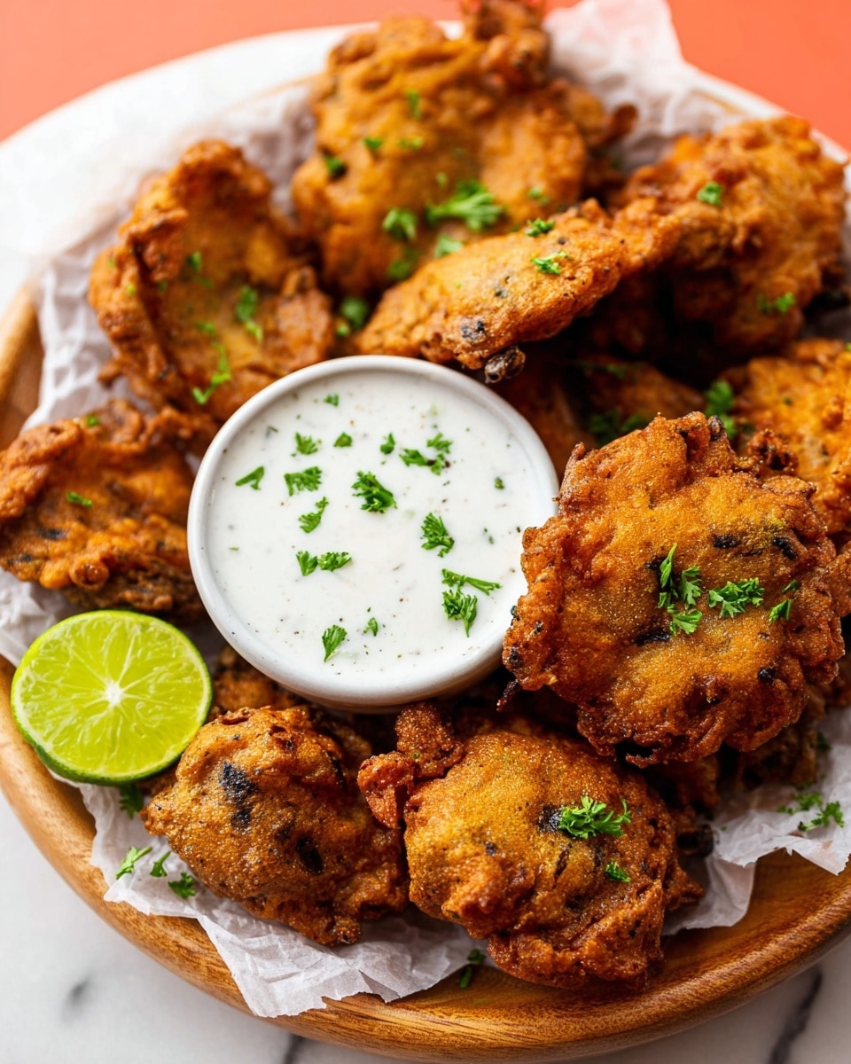 A round wooden plate lined with white paper holds several pieces of golden brown fried mushroom fritters with a rough, crispy texture and small dark spots, garnished with small green parsley leaves. In the center of the plate, there is a small round white bowl filled with creamy white dipping sauce, also topped with tiny parsley pieces. A green lime wedge sits at the bottom left of the plate. The whole setup is on a white marbled surface. Photo taken with an iphone --ar 4:5 --v 7