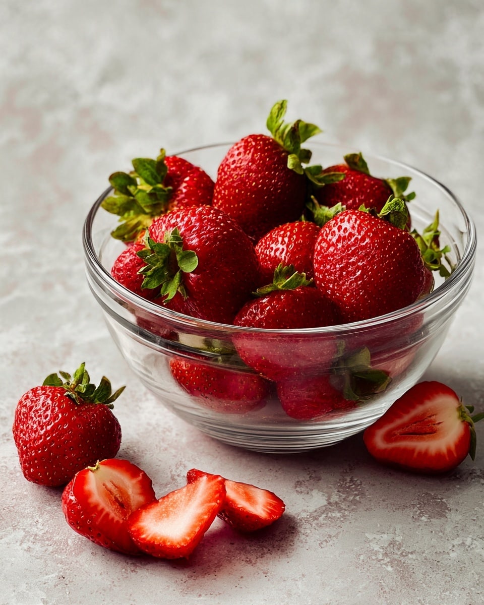 A clear glass bowl holds a pile of fresh strawberries, some whole with bright red, shiny skin and green leafy tops, and some sliced in half revealing their juicy red flesh and lighter inner core. Around the bowl, three whole strawberries are scattered on a white marbled surface, adding depth to the scene. The bowl is placed in the center with the strawberries vibrant and textured against the neutral background. photo taken with an iphone --ar 4:5 --v 7