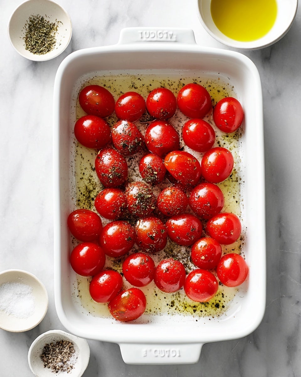 A white rectangular baking dish contains one layer of about twenty smooth, bright red cherry tomatoes evenly spread out. The bottom of the dish is coated with a thin layer of golden olive oil, sprinkled with dried green herbs and black pepper. Some small droplets of water cling to the tomatoes, giving them a fresh look. The dish sits on a white marbled surface, with a small white bowl of olive oil to the top right and two small white bowls holding salt, pepper, and seasonings at the bottom left and center. photo taken with an iphone --ar 4:5 --v 7